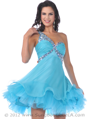 1822 One Shoulder Sequin Strap Short Prom Dress with Tulle, Turquoise