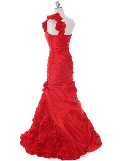 1828 One Shoulder Taffeta Rosette Prom Dress - Red, Back View Medium