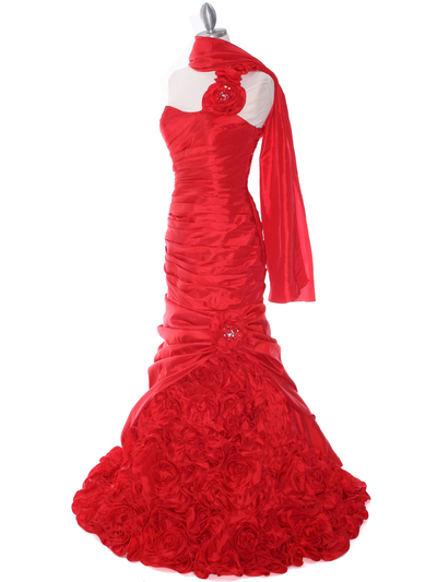 1828 One Shoulder Taffeta Rosette Prom Dress - Red, Alt View Medium