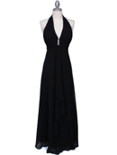 Black Halter Evening Dress with Rhinestone Pin