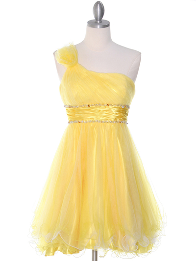 188 Yellow One Shoulder Homecoming Dress - Yellow, Front View Medium