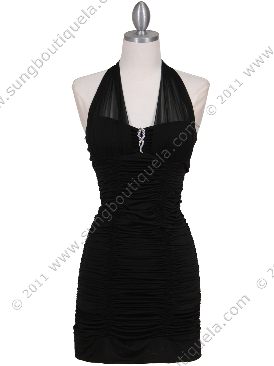 1962 Black Pleated Party Dress with Rhinestone Pin - Front Image