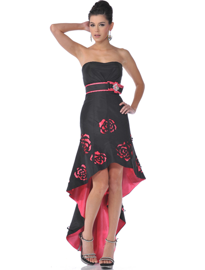 C1982 Black Strapless Rosette High Low Evening Dress - Black, Front View Medium