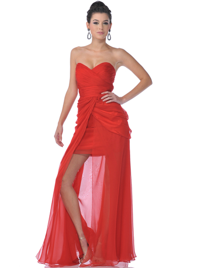 1996 Strapless Sweetheart Short Evening Dress with Chiffon Train - Red, Front View Medium