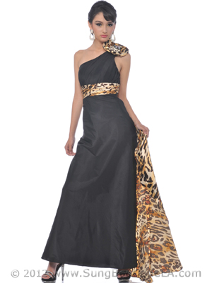 20130 One shoulder Taffeta Evening Dress, Black Tiger