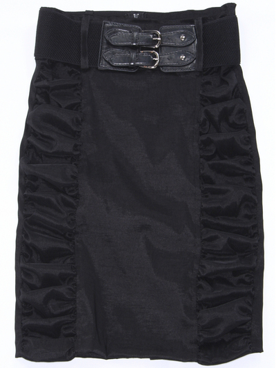 2092 Black Stretch Taffeta Pencil Skirt with Belt - Black, Front View Medium