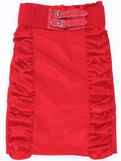 2092 Red Stretch Taffeta Pencil Skirt with Belt - Red, Front View Medium