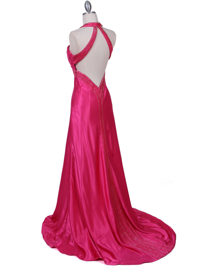 2104 Hot Pink Halter Sequin Evening Dress - Hot Pink, Back View Medium