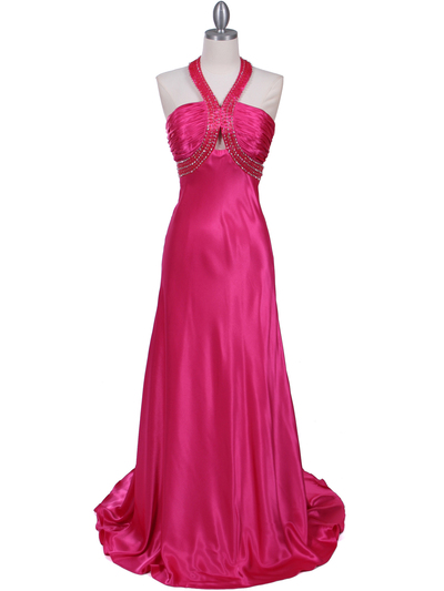 2104 Hot Pink Halter Sequin Evening Dress - Hot Pink, Front View Medium