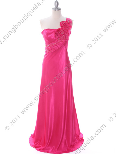 2123 Hot Pink One Shoulder Evening Dress - Hot Pink, Front View Medium