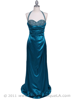 2135 Jade Beaded Halter Prom Evening Dress, Jade