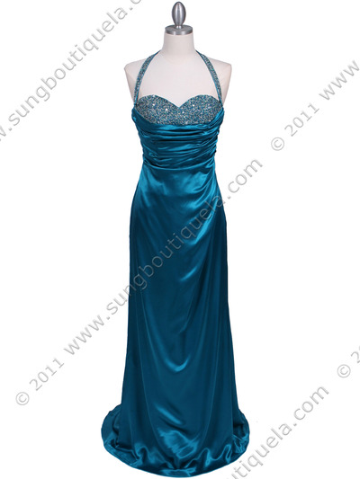 2135 Jade Beaded Halter Prom Evening Dress - Jade, Front View Medium