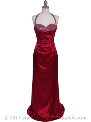 2135 Raspberry Beaded Halter Prom Evening Dress, Raspberry