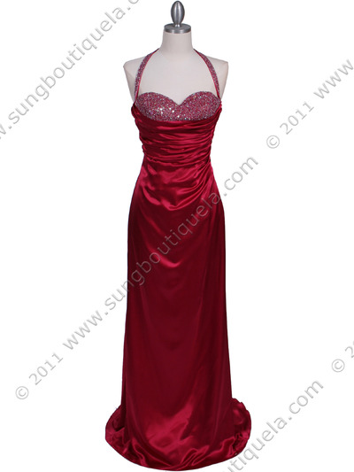 2135 Raspberry Beaded Halter Prom Evening Dress - Raspberry, Front View Medium