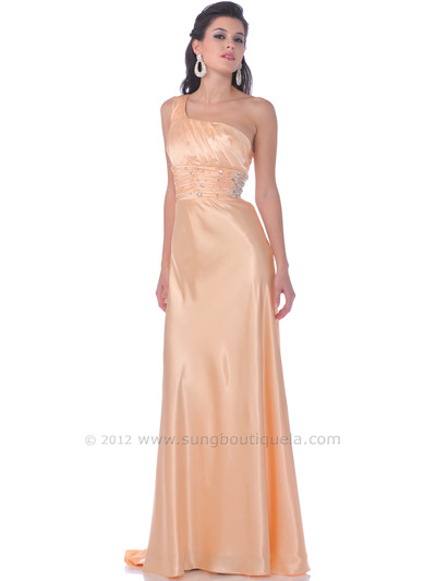 2145 One Shoulder Charmeuse Evening Dress - Gold, Front View Medium