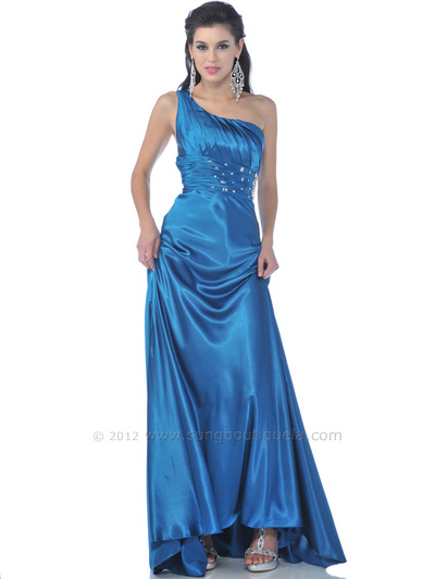 2145 One Shoulder Charmeuse Evening Dress - Teal, Front View Medium