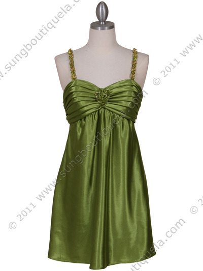 215 Green Satin Party Dress with Rhinestone Straps - Green, Front View Medium