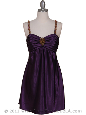 215 Purple Satin Party Dress with Rhinestone Straps, Purple