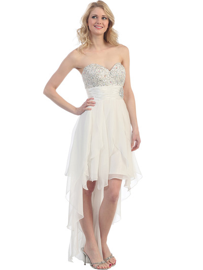 2264 Sequin Top Chiffon Cocktail Dress - Ivory, Front View Medium