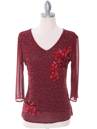 2289 Deep Red Beaded Top - Deep Red, Front View Medium