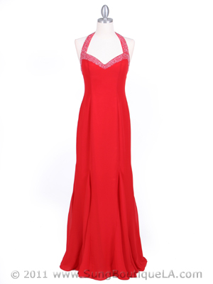 23100 Red Beaded Halter Evening Dress, Red