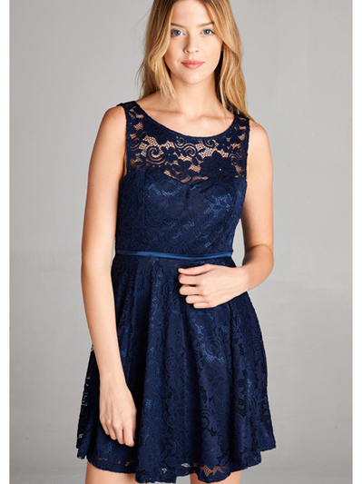 25-1004 Lace Overlay Cocktail Dress - Navy, Back View Medium