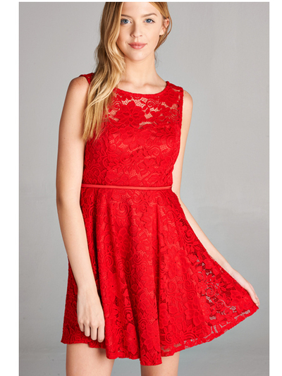 25-1004 Lace Overlay Cocktail Dress - Red, Back View Medium