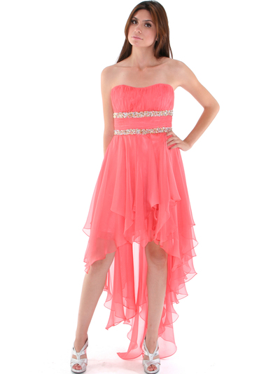 2274 Strapless High Low Cocktail Dress - Coral, Front View Medium