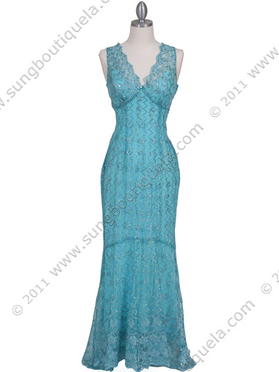 2884 Turquoise Lace Evening Dress - Turquoise, Front View Medium