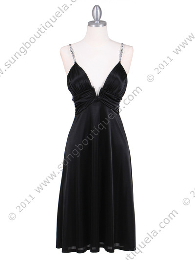 2949 Black Satin Cocktail Dress - Black, Front View Medium