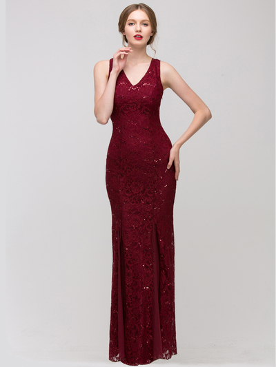 30-2030 Sleeveless Lace Overlay Evening Dress - Burgundy, Front View Medium