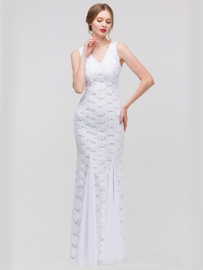 30-2030 Sleeveless Lace Overlay Evening Dress - White, Front View Medium