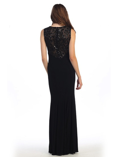 30-2063 Sleeveless Long Evening Dress with Slit - Charcoal, Back View Medium