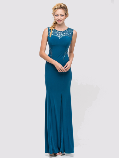 30-2063 Sleeveless Long Evening Dress with Slit - Teal, Front View Medium