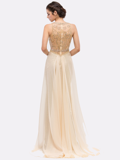 30-3335 Sleeveless Illusion Sequin Evening Dress - Gold, Back View Medium