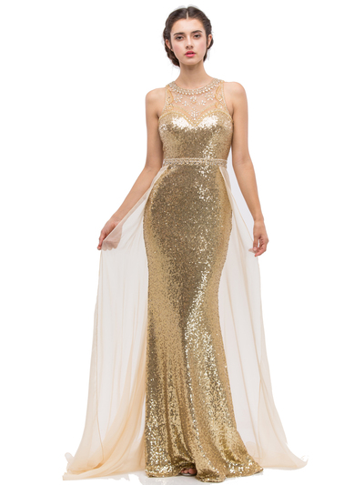 30-3335 Sleeveless Illusion Sequin Evening Dress - Gold, Front View Medium