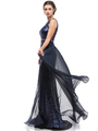 30-3335 Sleeveless Illusion Sequin Evening Dress - Navy, Front View Thumbnail