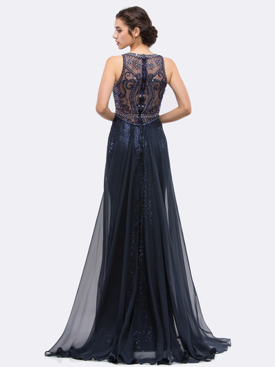 30-3335 Sleeveless Illusion Sequin Evening Dress - Navy, Back View Medium
