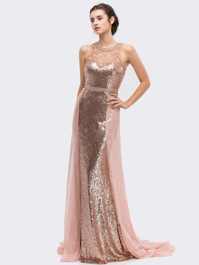 30-3335 Sleeveless Illusion Sequin Evening Dress - Rose Gold, Front View Medium