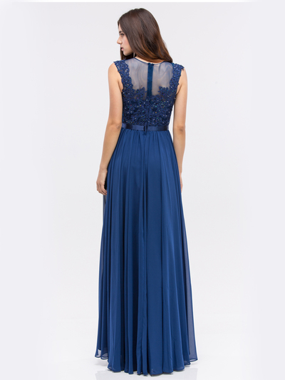 30-3611 Evening Dress with Illusion Neckline - Navy, Back View Medium