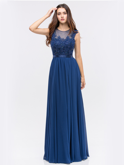 30-3611 Evening Dress with Illusion Neckline - Navy, Front View Medium