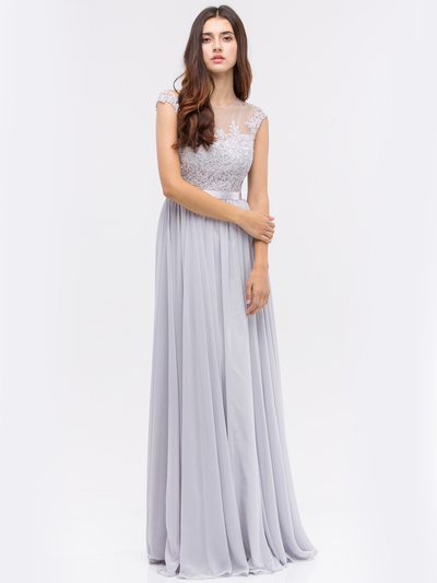 30-3611 Evening Dress with Illusion Neckline - Silver, Front View Medium