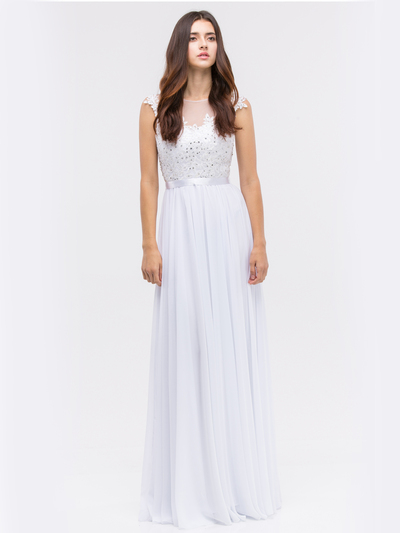 30-3611 Evening Dress with Illusion Neckline - White, Front View Medium