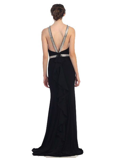 30-4053 Halter Jeweled Neckline Long Prom Dress - Black, Back View Medium