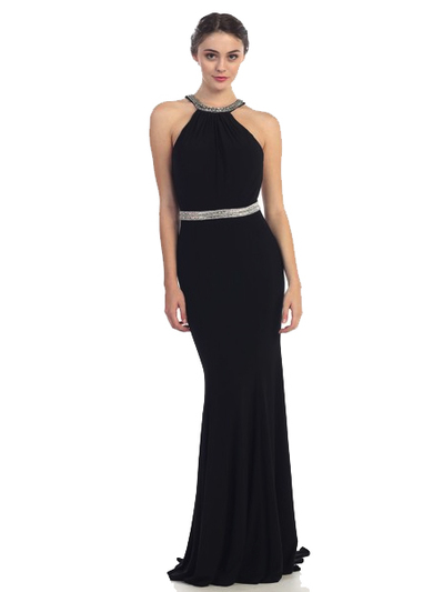 30-4053 Halter Jeweled Neckline Long Prom Dress - Black, Front View Medium