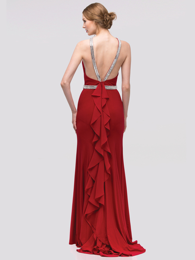30-4053 Halter Jeweled Neckline Long Prom Dress - Burgundy, Back View Medium