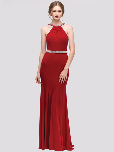 30-4053 Halter Jeweled Neckline Long Prom Dress - Burgundy, Front View Medium