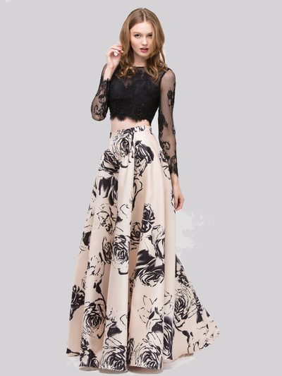 30-4333 Two-Piece Long Sleeves Prom Dress - Champagne Black, Front View Medium