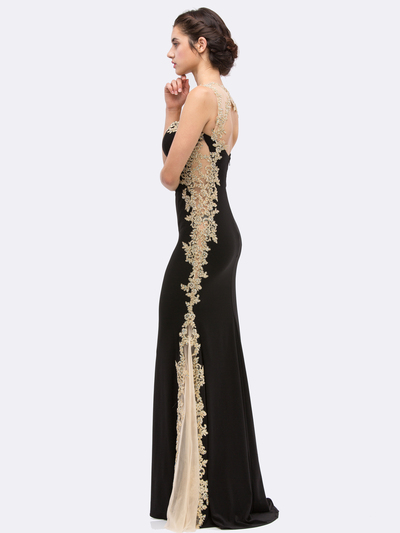 30-6006 Sleeveless Lace Trim Evening Dress with Cutout Back - Black, Back View Medium