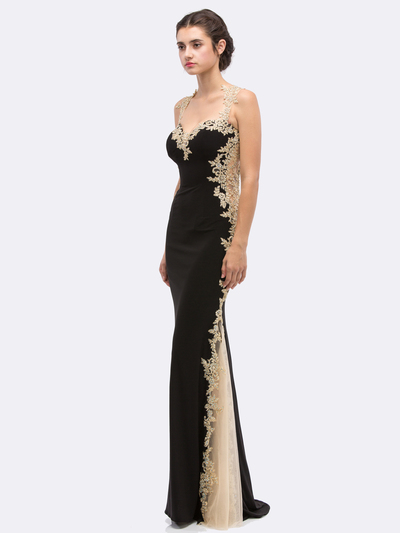 30-6006 Sleeveless Lace Trim Evening Dress with Cutout Back - Black, Front View Medium